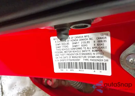 2016 Honda Civic Ex-L из США, поврежденный, VIN 2HGFC1F70GH633097